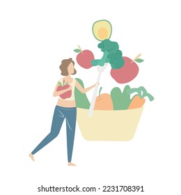 
Plan for weight loss for female,Diet and Exercise,Woman in workout clothes,Vegetables and fruits that are full of natural vitamins and nutrients,Vector illustration.