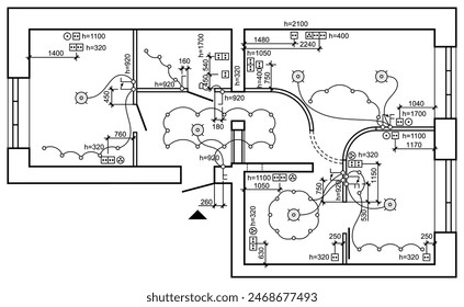 Iluminación de cableado de Plan. Interior esquemático eléctrico. Conjunto de interruptores de iconos estándar, símbolos eléctricos para el plano. Vector