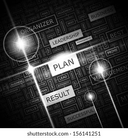 PLAN. Word cloud illustration. Tag cloud concept collage. Vector text illustration. 