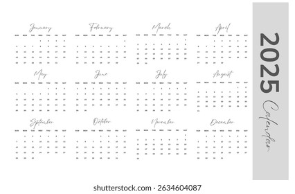 Plan your 2025 year ahead with this beautiful calendar. Perfect for staying organized. monthly, modern, design, set, calendar, print, date, 2025, year, month, template, vector, planner.
