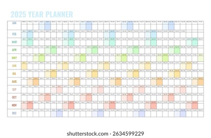 Plan your 2025 year with this colorful planner. Perfect for scheduling and keeping track of events. printable, annual, planning, illustration, colourful, company, february, graphic, calendar 2025.