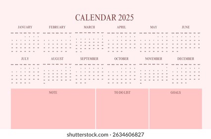 Plan your 2025 year with this attractive calendar. Plenty of space for notes, to-do lists, and goals. design, set, calendar, print, date, 2025, year, month, template, vector, planner.