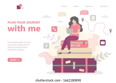 Plan your journey with me - landing page template. Woman traveler is sitting on baggage. Travel and route planning. Girl holding map in hands. Beauty female character in trendy style. Flat vector