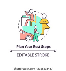 Plan your rest stops concept icon. Take a break from driving. Road trip tip abstract idea thin line illustration. Isolated outline drawing. Editable stroke. Arial, Myriad Pro-Bold fonts used