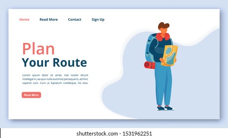 Plan your route landing page vector template. Travel company website interface idea with flat illustrations. Trekking guide homepage layout. Vacation trip web banner, webpage cartoon concept