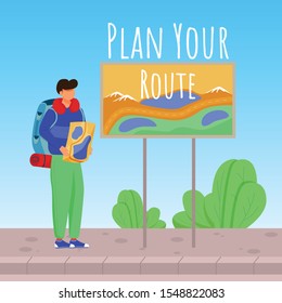 Plan your route social media post mockup. Boy with map. Active vacation. Advertising banner design template. Social media booster, content layout. Promotion poster, print ads with flat illustrations