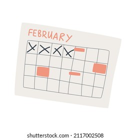 Plan your schedule on the calendar with the app. Set tasks, reminder and note in business planner. Flat vector illustration isolated on white background. February physical calendar