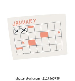 Plan your schedule on the calendar with the app. Set tasks, reminder and note in business planner. Flat vector illustration isolated on white background. January physical calendar.
