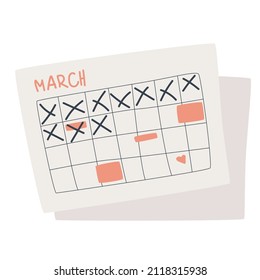 Planifique su programación en el calendario con la aplicación. Establecer tareas, recordatorio y nota en el planificador de negocios. Ilustración vectorial plana aislada en fondo blanco. Calendario físico de marzo.