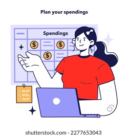 Plan your spendings to keep a family budget. Household spendings management and payments distribution. Financial efficiency, budgeting and economy idea. Flat vector illustration