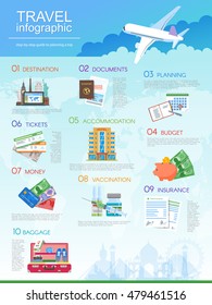 Plan Your Travel Infographic Guide. Vacation Booking Concept. Vector Illustration In Flat Style Design. Hotel And Air Tickets Booking, Visa, Landmarks Icons.