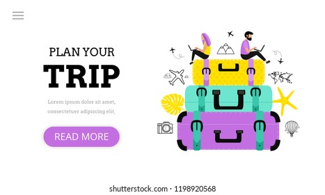 Plan your trip. Landing page template for online travel agency. Modern flat design concept of web page design with colorful suitcases and people. Vacation, recreation, holiday, travel. Tropical island