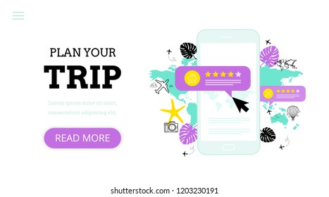 Plan your trip. Landing page template for online travel agency. Modern flat design concept of web page design with smartphone. Vacation, recreation, holiday, travel. Tropical island
