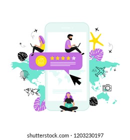 Plan your trip. Modern flat design concept of web page design with smartphone and people. Vacation, recreation, holiday, travel. Tropical island