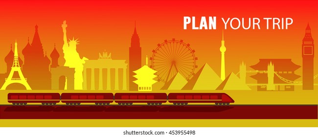 Plan your trip vector flat illustration, plane, famous sightseeing places, Eiffel Tower, Statue of Liberty, Big Ben, Sensoji Temple, Brandenburg Gate, Piramyd, Kremlin, Ferris Wheel, train
