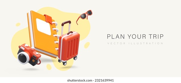 Plan your vacation. Choose place, route, hotel, excursions. Baggage packing. Find locations for beautiful photos. Services of travel consultant, local guide. Commercial template with 3D illustration