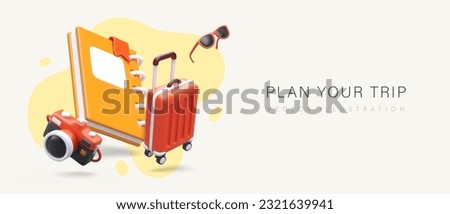 Plan your vacation. Choose place, route, hotel, excursions. Baggage packing. Find locations for beautiful photos. Services of travel consultant, local guide. Commercial template with 3D illustration