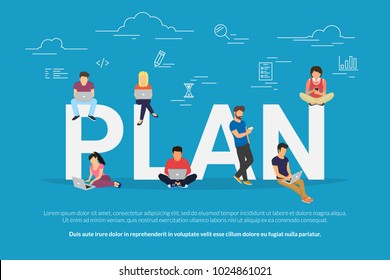 Plan your work and projects concept vector illustration of business people using devices for working, project development and planning growth. Flat concept of professionals using laptop for teamwork