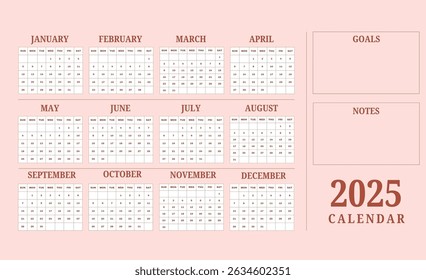 Plan your year with this beautiful 2025 calendar. Perfect for organization and goal setting. horizontal, grid, pink, printable, annual, planning, illustration, colourful.