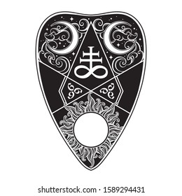 Planchette for spirit talking board vector illustration. Mediumship divination equipment, alchemy, religion, spirituality, occultism antique style boho sticker, flash tattoo or print design drawing