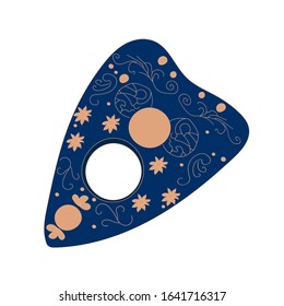 Planchette  vector illustration isolated on white. Sketch style hand drawn. Element for halloween or pagan witchcraft theme. Witch object in blue color with  gold details 