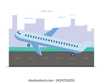 El avión está a punto de volar desde el aeropuerto con el piloto, copiloto, azafata y pasajeros. Diseño de personajes. Ilustración vectorial plana