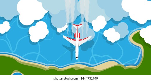Plane above sky cloud vector illustration background concept. Travel cartoon flying jet top view. Outdoor holiday adventure vacation