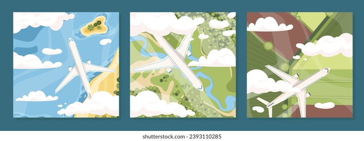 Plane aerial view posters set. Airplanes near sea and land. Flights and international travels, tourism. Holiday and vacation. Cartoon flat vector collection isolated on blue background