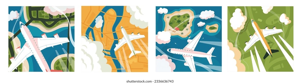 Plane aerial view. Summer landscape with flying air transport, top view of blue sky with flying aircraft and clouds, tourism and vacation. Vector illustration of airplane landscape while travel flight