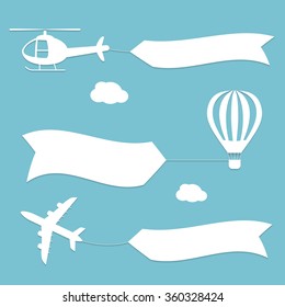 Plane, air balloon and helicopter flying with advertising banners. 