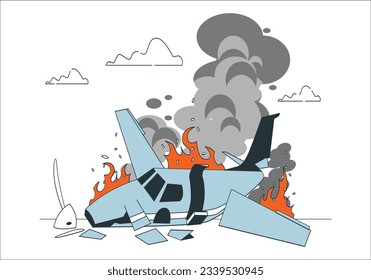 Plane or Air Crash. Burning falling plane. The plane crashed to the ground. Decorated with toy at dark fire background. Air accident concept. A passenger plane crashed on the ground in field. 2229