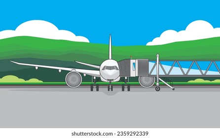 Avión o estacionamiento de aviones en la puerta del aeropuerto con puente de embarque de pasajeros o puente Jet o fondo Aero Bridge con vistas a la montaña en vector