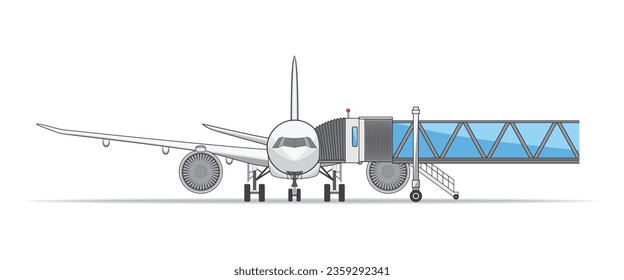 Plane Aircraft or airplane parking at the gate of airport with passenger boarding bridge or Jet Bridge or Aero Bridge drawing in vector