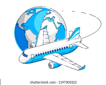 Plane airliner with earth planet, airlines air travel emblem or illustration. Beautiful thin line vector isolated over white background.