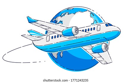 Plane airliner with earth planet, airlines air travel emblem or illustration. Beautiful thin line vector isolated over white background.