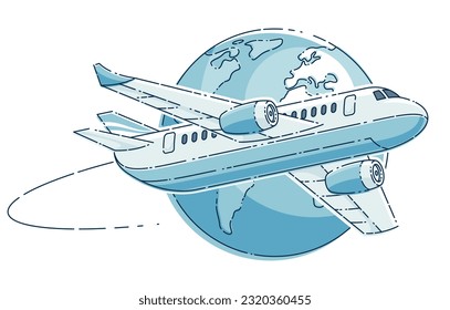 Aerolíneas de vuelo con planeta Tierra, emblema de viaje aéreo de aerolíneas o ilustración. Hermoso vector de línea delgada aislado sobre fondo blanco.