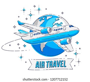 Plane airliner with earth planet and ribbon with typing, airlines air travel emblem or illustration. Beautiful thin line vector isolated over white background.