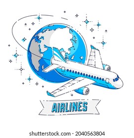 Plane airliner with earth planet and ribbon with typing, airlines air travel emblem or illustration. Beautiful thin line vector isolated over white background.