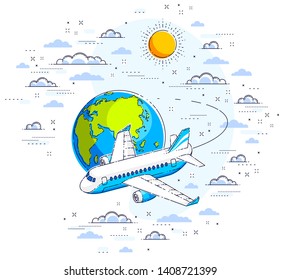 Plane airliner with earth planet in the sky surrounded by clouds, airlines air travel illustration. Beautiful thin line vector isolated over white background.