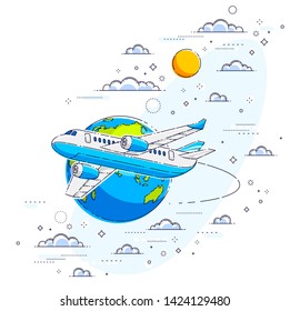 Plane airliner with earth planet in the sky surrounded by clouds, airlines air travel illustration. Beautiful thin line vector isolated over white background.