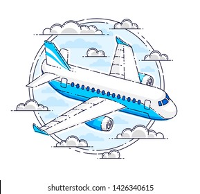 Plane airliner with round shape, airlines air travel emblem or illustration. Beautiful thin line vector isolated over white background.