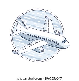 Plane airliner with round shape, airlines air travel emblem or illustration. Beautiful thin line vector isolated over white background.