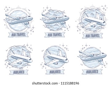 Plane airliner with round shape and ribbon with typing, airlines air travel emblems or illustrations set. Beautiful thin line vectors set isolated over white background.