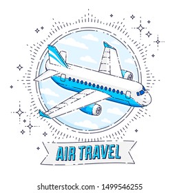 Plane airliner with round shape and ribbon with typing, airlines air travel emblem or illustration. Beautiful thin line vector isolated over white background.