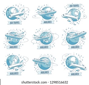 Plane airliners with earth planet and ribbon with typing, airlines air travel emblems or illustrations set. Beautiful thin line vector isolated over white background.