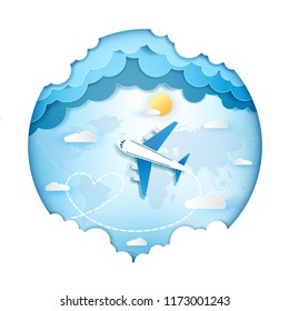 Plane, Airplane aerial with check in point travel around the world concept on Background Design Invitation Template world map blank space for text and content paper art, banner, Card, Poster, vector 