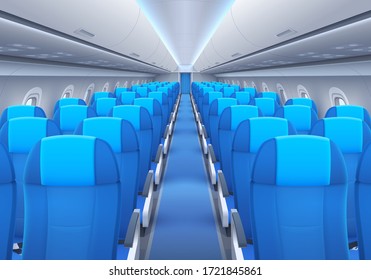 Plane or airplane cabin interior with seats and windows vector design of passenger aircraft, airline flight and air travel. Aisle of economy class with rows of empty chairs, portholes, luggage shelves