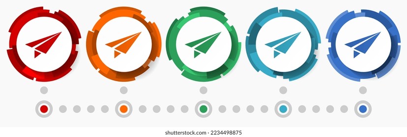 Plane, airplane concept vector icon set, modern design abstract web buttons in 5 color options, infographic template for webdesign and mobile apps