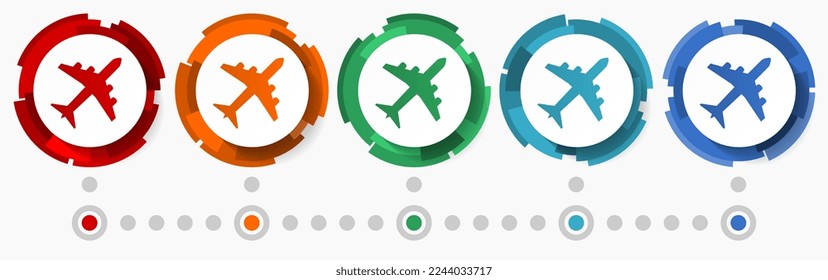 Plane, airplane concept vector icon set,  modern design abstract web buttons in 5 color options, infographic template for webdesign and mobile apps