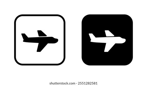 Plane, airplane icon on black square. Flight sign symbol